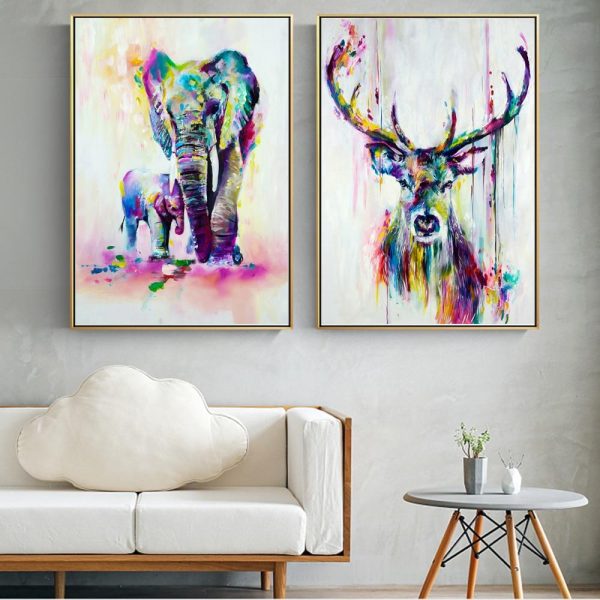 Watercolor Elephant and Deer Wall Art Canvas Print
