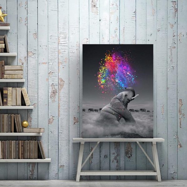 Cute Baby Elephant Blowing Rainbow Canvas Print Picture - Image 3