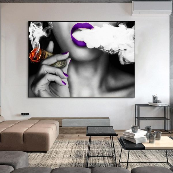 Smoking Sexy Girl with Purple Lips Wall Art Canvas Print - Image 2