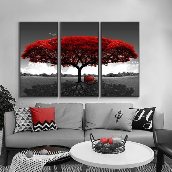 Red Tree and Bench Wall Art Canvas Print
