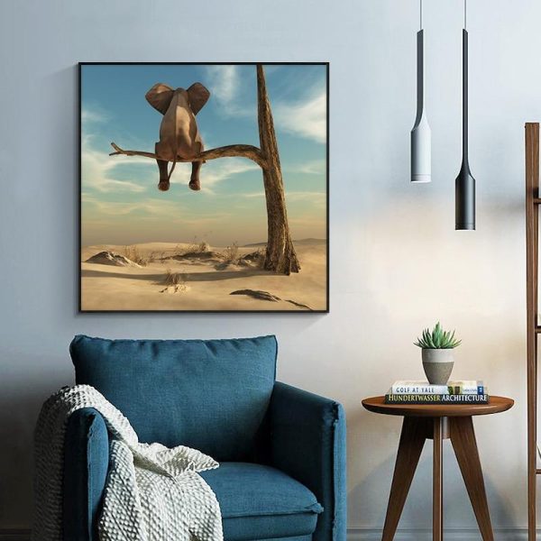 Funny Little Elephant on Tree Canvas Wall Art Painting