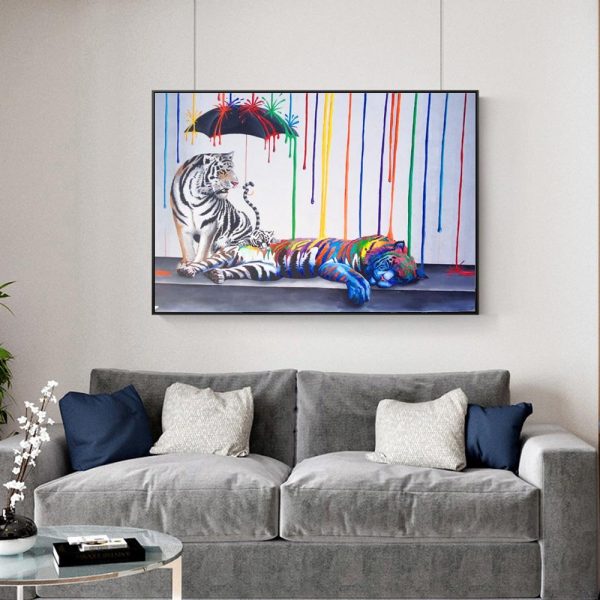Abstract Tigers under the Rainbow Rain Canvas Print Picture - Image 5