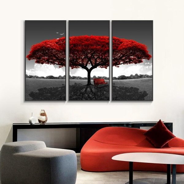 Red Tree and Bench Wall Art Canvas Print - Image 2