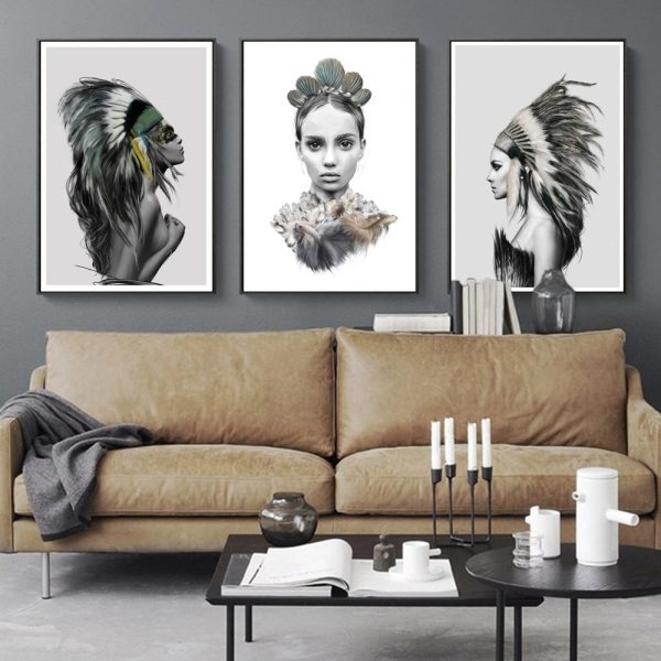 Indian Girl and a Man with Feathers Wall Art Canvas Print