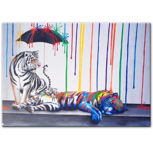 Abstract Tigers under the Rainbow Rain Canvas Print Picture - Image 3