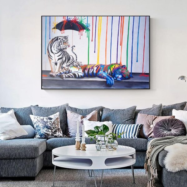 Abstract Tigers under the Rainbow Rain Canvas Print Picture - Image 6