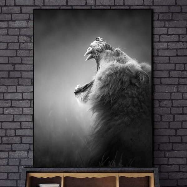 Black And White Roaring Lion Canvas Print Picture - Image 4