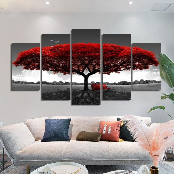 5 Panels Black & Red Tree Canvas Art Prints
