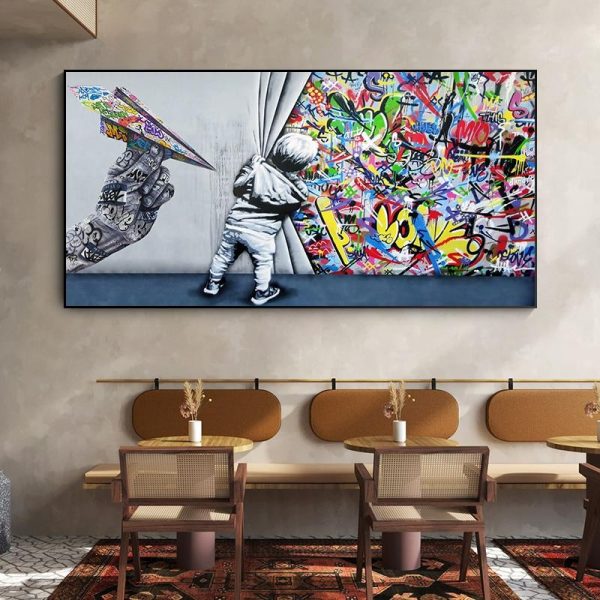Kids Behind the Curtain Graffiti Art Canvas Poster - Image 3