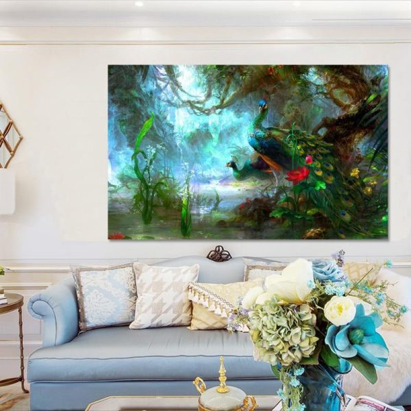 Colorful Peafowls in the Forest Wall Art Canvas Print