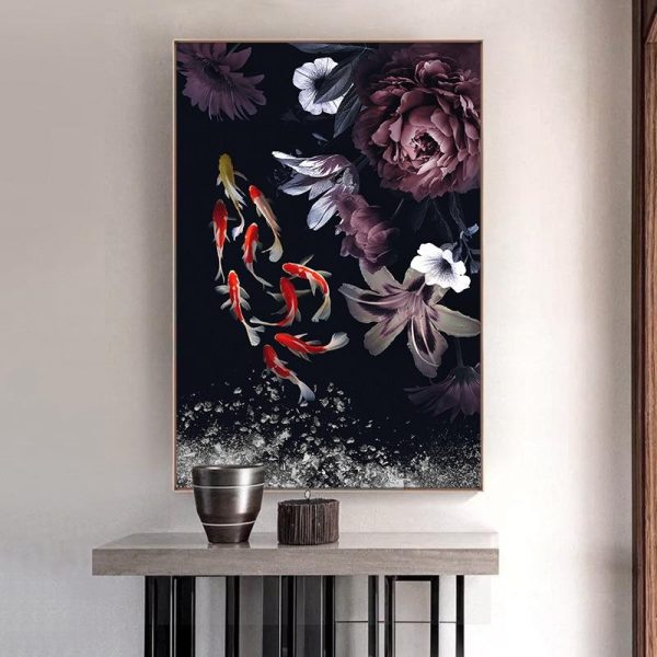 Goldfish and Peony Flowers Canvas Wall Art Painting - Image 2