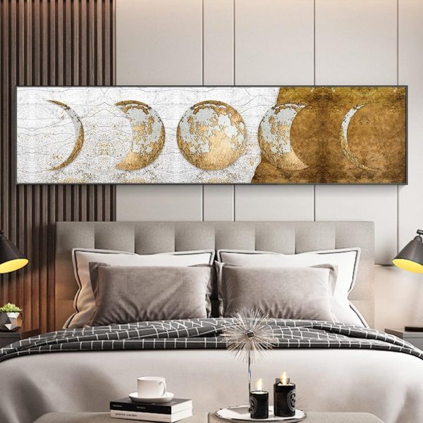 Golden Moon Phases in White and Black Wall Art Canvas Print - Image 2