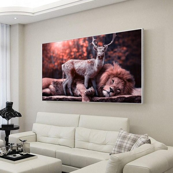 Realistic Lion and Deer Wall Art Canvas Print - Image 3