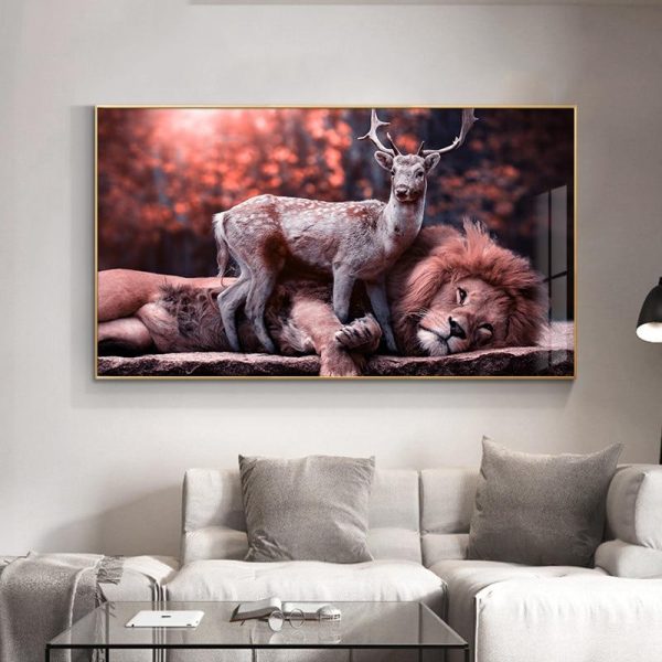 Realistic Lion and Deer Wall Art Canvas Print