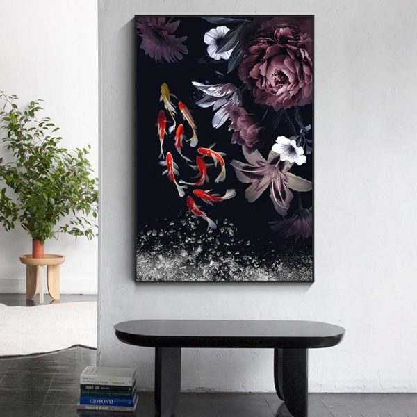Goldfish and Peony Flowers Canvas Wall Art Painting