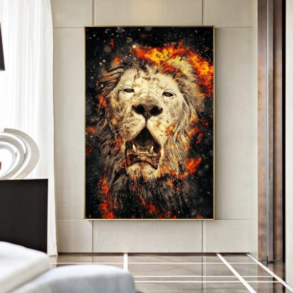 Lion Head with Fire Wall Art Canvas Print