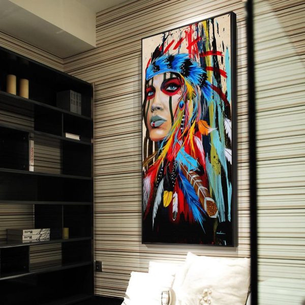 Indian Girl with Colorful Feather Wall Art Canvas Print - Image 2