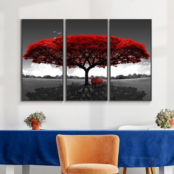 Red Tree and Bench Wall Art Canvas Print - Image 3