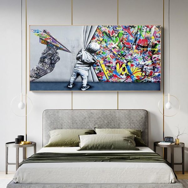 Kids Behind the Curtain Graffiti Art Canvas Poster - Image 5