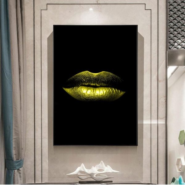 Abstract Sexy Golden Lips Wall Art Canvas Print