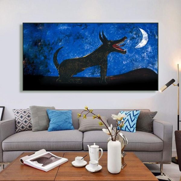 Dog Howling at the Moon Graffiti Canvas Print Wall Picture
