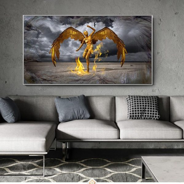 Golden Angel with Fire Wall Art Canvas Print