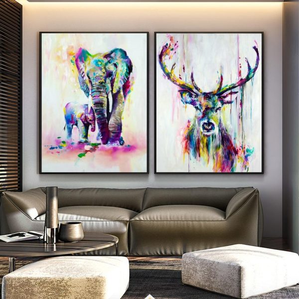 Watercolor Elephant and Deer Wall Art Canvas Print - Image 2