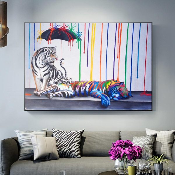 Abstract Tigers under the Rainbow Rain Canvas Print Picture - Image 4