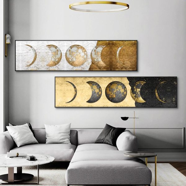 Golden Moon Phases in White and Black Wall Art Canvas Print