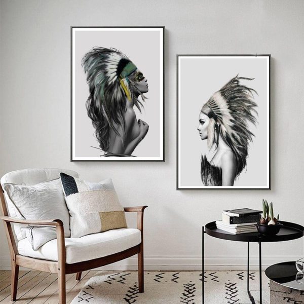 Indian Girl and a Man with Feathers Wall Art Canvas Print - Image 5