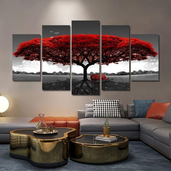 5 Panels Black & Red Tree Canvas Art Prints - Image 3