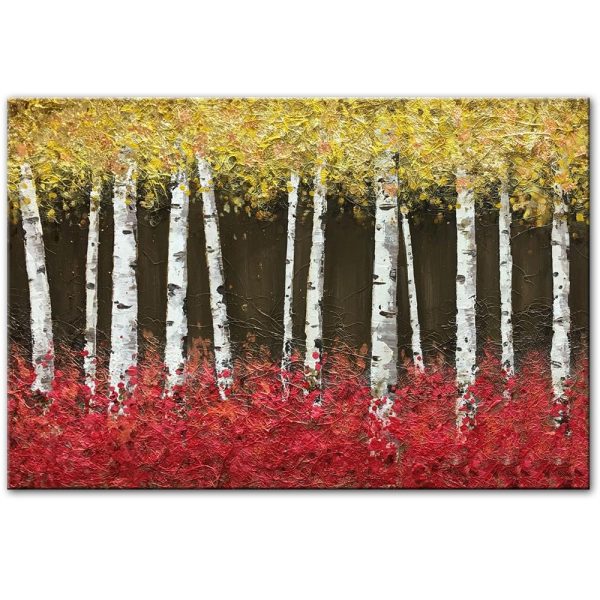 Golden Birch Trees in Red Grass Wall Art Canvas Print - Image 3