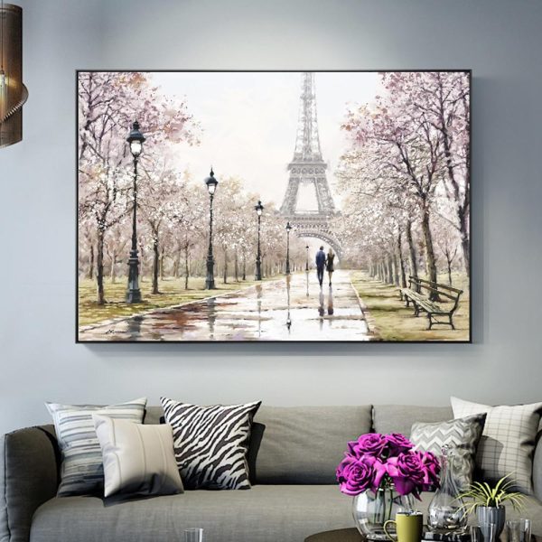 Romantic Paris Street near the Eiffel Tower Wall Canvas Print
