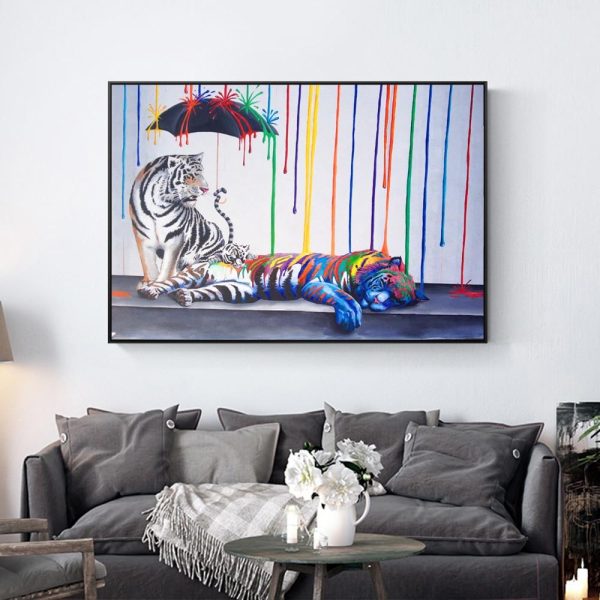 Abstract Tigers under the Rainbow Rain Canvas Print Picture
