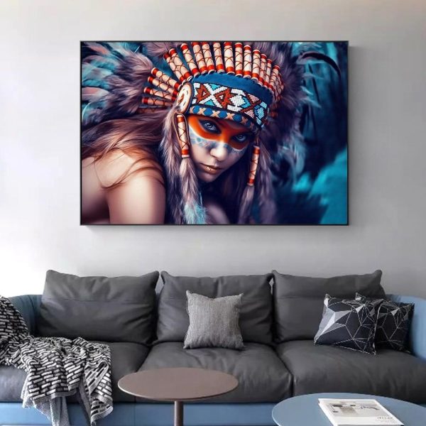 Indian Girl with Colorful Feather Wall Art Canvas Print