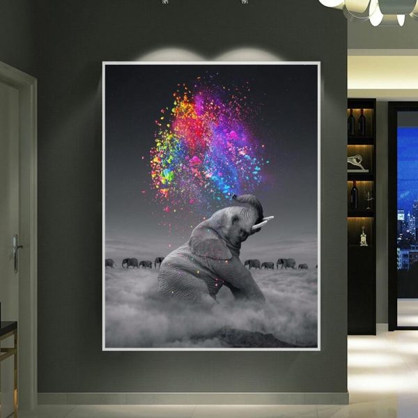 Cute Baby Elephant Blowing Rainbow Canvas Print Picture