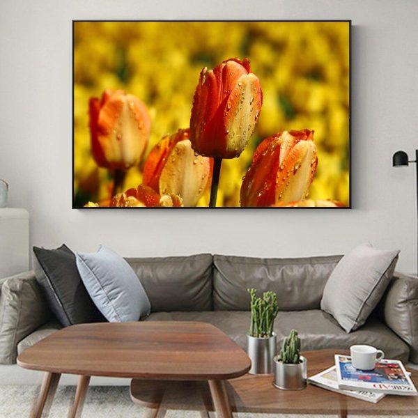 Colorful Tulip Flowers in Water Drops Wall Art Canvas Print - Image 2