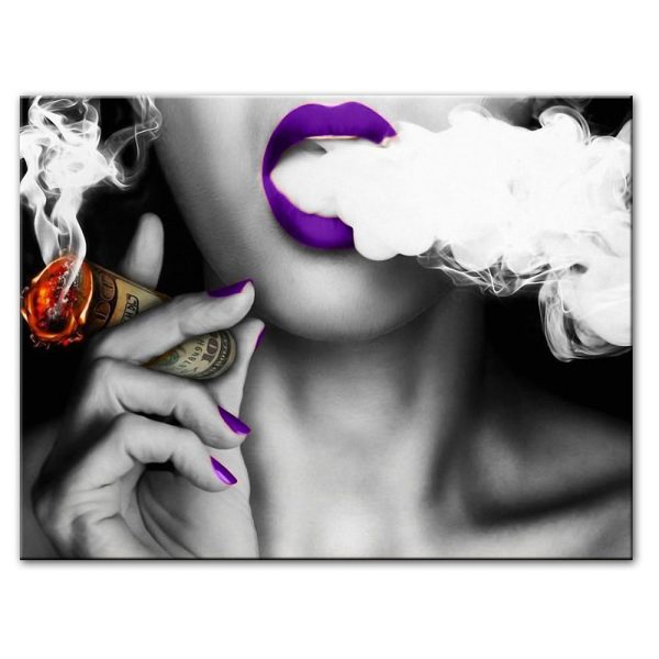 Smoking Sexy Girl with Purple Lips Wall Art Canvas Print