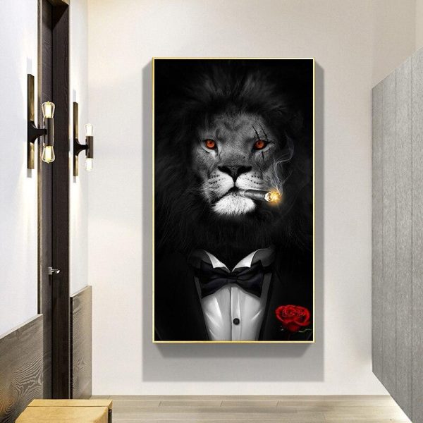 Funny Smoking Lion in Suit Wall Art Canvas Print - Image 3