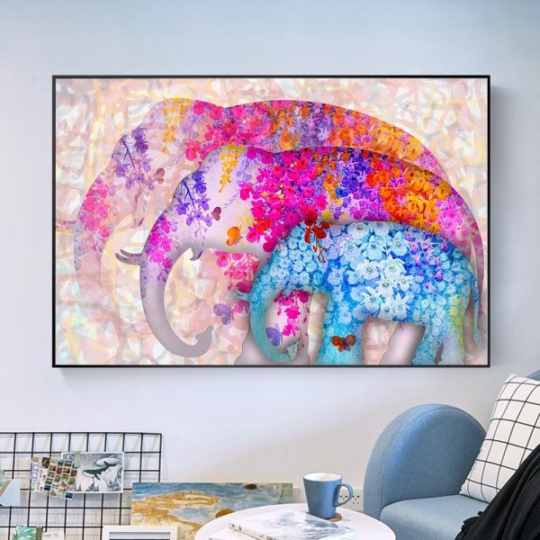 Colorful Elephant Family Canvas Print Wall Picture
