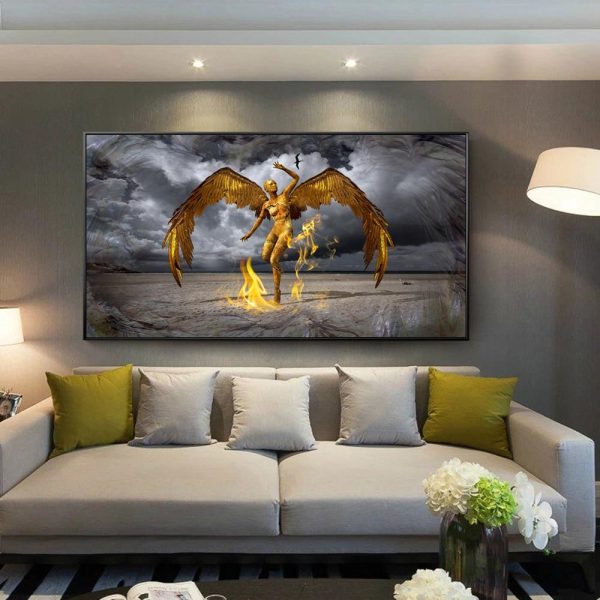 Golden Angel with Fire Wall Art Canvas Print - Image 2