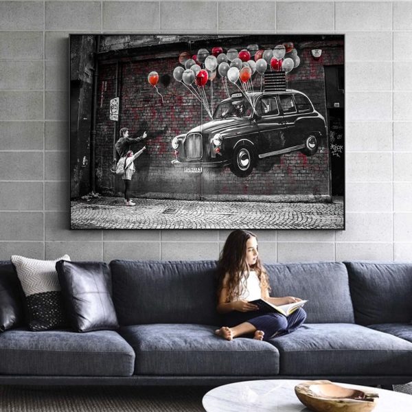 Car Flying on Colorful Balloons Canvas Print Picture