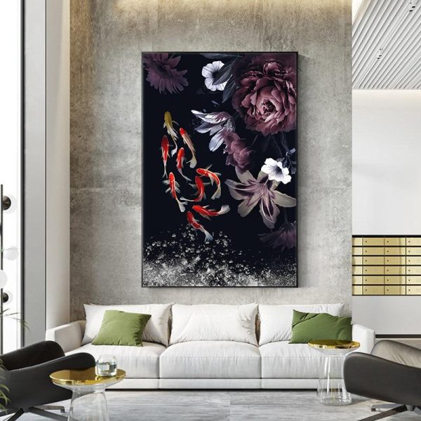 Goldfish and Peony Flowers Canvas Wall Art Painting - Image 3