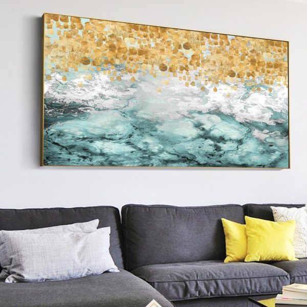 Abstract Golden Dots in Pastel Blue Wall Art Canvas Print - Image 2