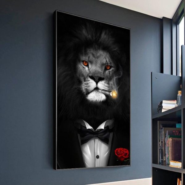 Smoking Lion in the Tuxedo Wall Art Canvas Print