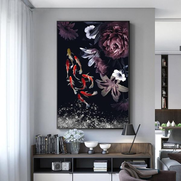 Goldfish and Peony Flowers Canvas Wall Art Painting - Image 4