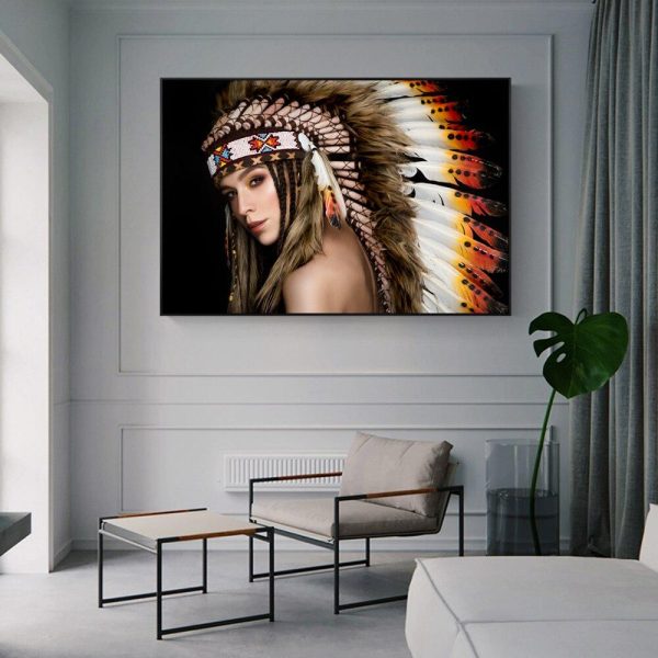Indian Pretty Girl with Colorful Feather Wall Art Canvas Print