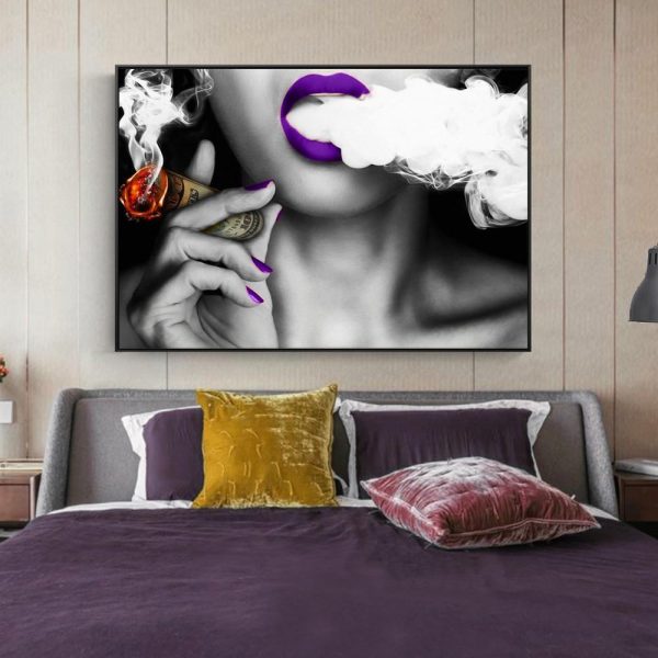 Smoking Sexy Girl with Purple Lips Wall Art Canvas Print - Image 3
