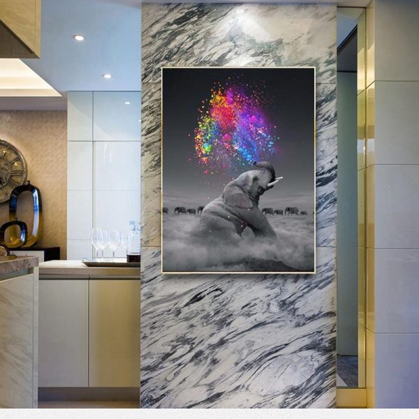 Cute Baby Elephant Blowing Rainbow Canvas Print Picture - Image 2
