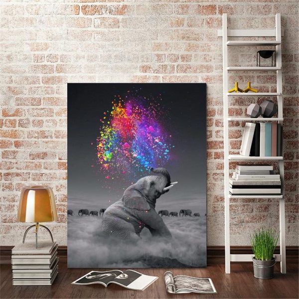 Cute Baby Elephant Blowing Rainbow Canvas Print Picture - Image 6